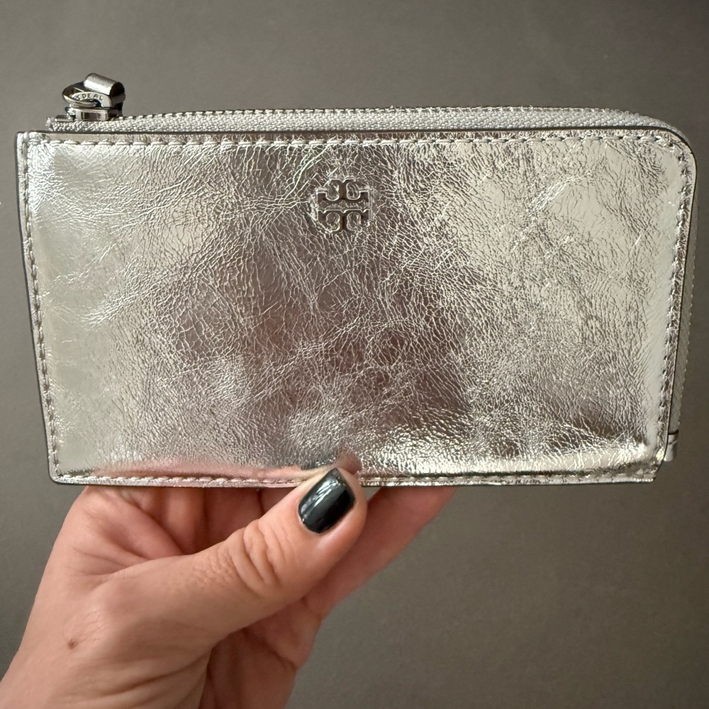 Tory Burch Metallic Silver Zip Card Case